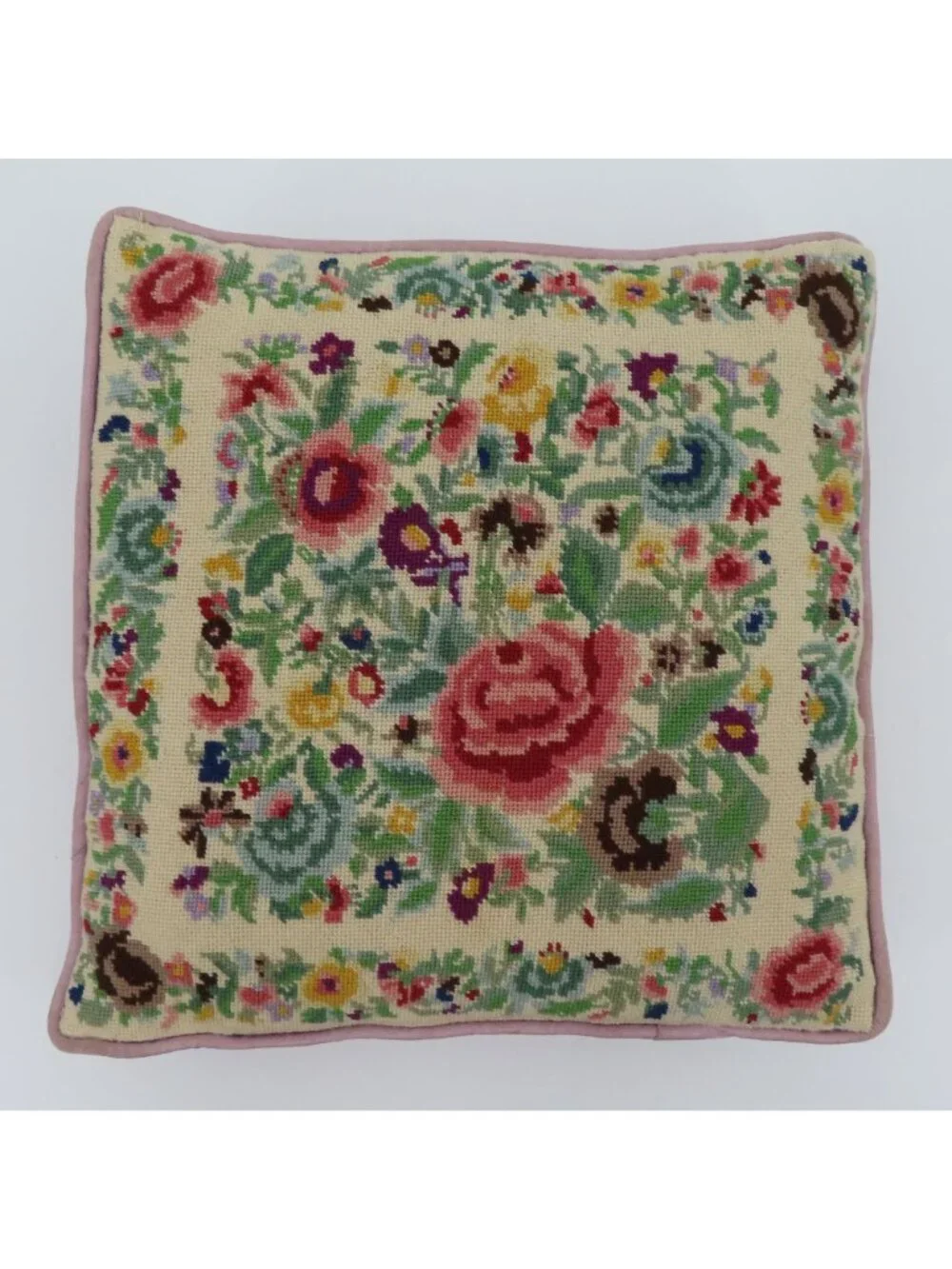 Handmade Multicolor Flower Floral Needlepoint Purple Back Throw Accent Pillow